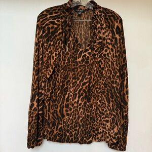 Lauren Ralph Lauren Animal Print Blouse XL Long Sleeve Ruffled Collar Tie